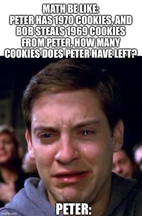 Sadness, absolute sadness | MATH BE LIKE:
PETER HAS 1970 COOKIES, AND BOB STEALS 1969 COOKIES FROM PETER, HOW MANY COOKIES DOES PETER HAVE LEFT? PETER: | image tagged in peter parker crying,memes,meme,memers,crying peter parker,cookies | made w/ Imgflip meme maker