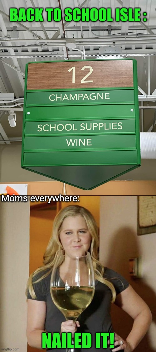 Back to School | BACK TO SCHOOL ISLE :; Moms everywhere:; NAILED IT! | image tagged in back to school,moms,drinking wine,happy,break | made w/ Imgflip meme maker
