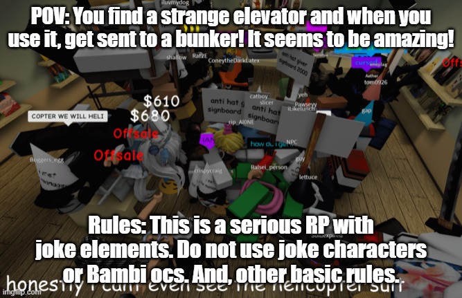 POV: You find a strange elevator and when you use it, get sent to a bunker! It seems to be amazing! Rules: This is a serious RP with joke elements. Do not use joke characters or Bambi ocs. And, other basic rules. | made w/ Imgflip meme maker