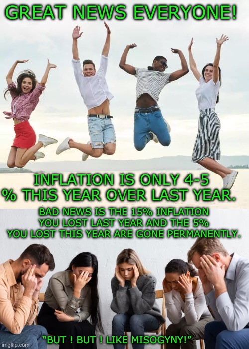 4% this year is a deliberately cooked number | GREAT NEWS EVERYONE! INFLATION IS ONLY 4-5 % THIS YEAR OVER LAST YEAR. BAD NEWS IS THE 15% INFLATION YOU LOST LAST YEAR AND THE 5% YOU LOST THIS YEAR ARE GONE PERMANENTLY. “BUT ! BUT ! LIKE MISOGYNY!” | image tagged in democrats,inflation | made w/ Imgflip meme maker