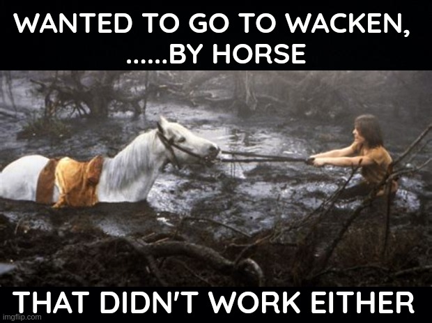 It just rained too much this year | WANTED TO GO TO WACKEN, 
......BY HORSE; THAT DIDN'T WORK EITHER | image tagged in heavy metal,rock concert,festival,rock and roll,never ending story,rain | made w/ Imgflip meme maker