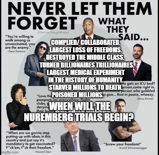 lockdown celebrities | COMPLIED/ COLLABORATED. LARGEST LOSS OF FREEDOMS. DESTROYED THE MIDDLE CLASS.    TURNED BILLIONAIRES TRILLIONAIRES. LARGEST MEDICAL EXPERIMENT IN THE HISTORY OF HUMANITY. STARVED MILLIONS TO DEATH. POISONED MILLIONS.              
                                  WILL KILLED MILLIONS. WHEN WILL THE NUREMBERG TRIALS BEGIN? | image tagged in lockdown celebrities | made w/ Imgflip meme maker