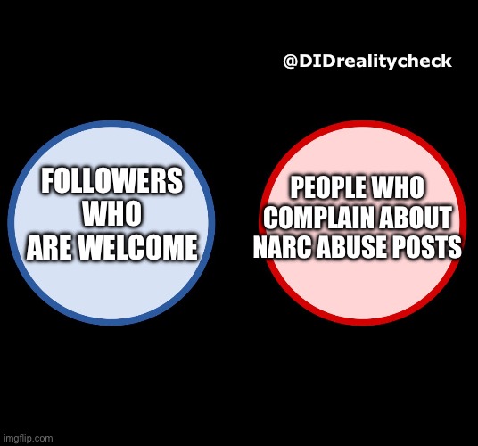 People defenders narcissists and complaining about narc abuse awareness not welcome! | @DIDrealitycheck; PEOPLE WHO COMPLAIN ABOUT NARC ABUSE POSTS; FOLLOWERS WHO ARE WELCOME | image tagged in disjoint venn diagrams,narcissist,narcissistic abuse,narc abuse,narcissism | made w/ Imgflip meme maker