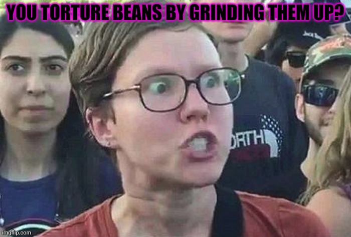 Triggered Liberal | YOU TORTURE BEANS BY GRINDING THEM UP? | image tagged in triggered liberal | made w/ Imgflip meme maker