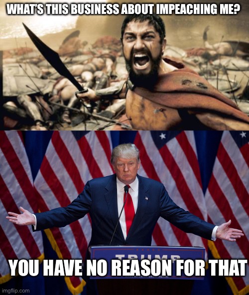 Impeaching political opponents is so 2020 | WHAT’S THIS BUSINESS ABOUT IMPEACHING ME? YOU HAVE NO REASON FOR THAT | image tagged in memes,sparta leonidas,donald trump | made w/ Imgflip meme maker