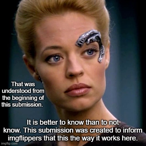 Seven of Nine | That was understood from the beginning of this submission. It is better to know than to not know. This submission was created to inform imgf | image tagged in seven of nine | made w/ Imgflip meme maker