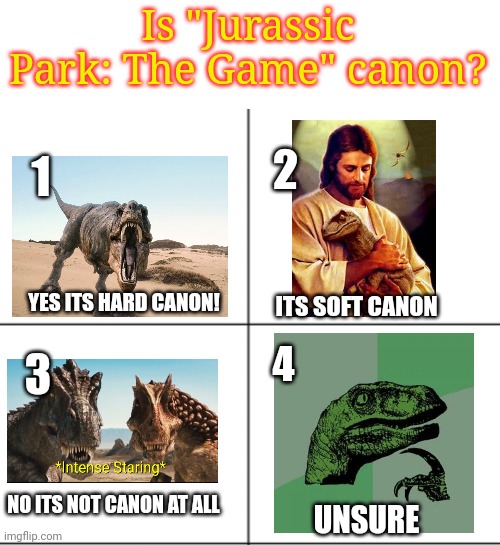 Empty 4 square | Is "Jurassic Park: The Game" canon? 2; 1; YES ITS HARD CANON! ITS SOFT CANON; 4; 3; NO ITS NOT CANON AT ALL; UNSURE | image tagged in empty 4 square,jurassic park,question | made w/ Imgflip meme maker