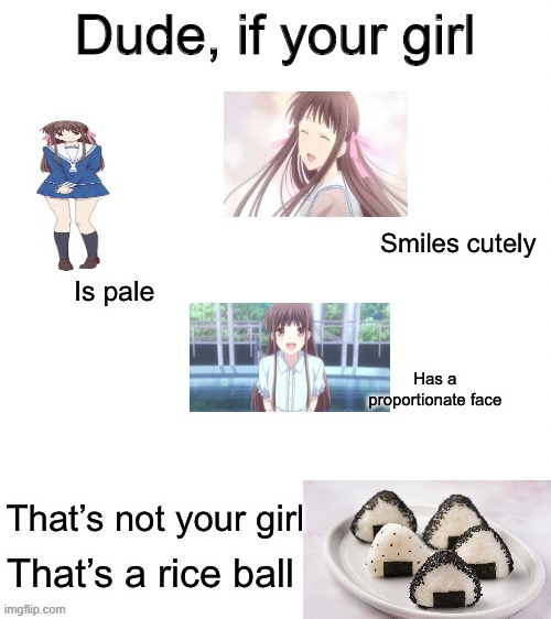 Onigiri | Smiles cutely; Is pale; Has a proportionate face; That’s not your girl; That’s a rice ball | image tagged in dude if your girl,rice ball,onigiri,tohru honda,fruits basket,furuba | made w/ Imgflip meme maker