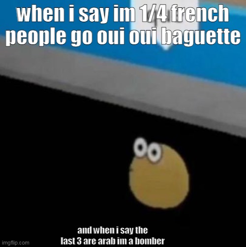 make ur mind ong | when i say im 1/4 french people go oui oui baguette; and when i say the last 3 are arab im a bomber | image tagged in que | made w/ Imgflip meme maker