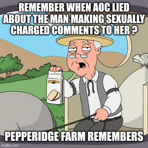Pepperidge Farm Remembers Meme | REMEMBER WHEN AOC LIED ABOUT THE MAN MAKING SEXUALLY CHARGED COMMENTS TO HER ? PEPPERIDGE FARM REMEMBERS | image tagged in memes,pepperidge farm remembers | made w/ Imgflip meme maker