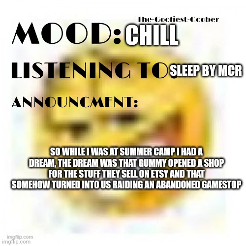 ??? | CHILL; SLEEP BY MCR; SO WHILE I WAS AT SUMMER CAMP I HAD A DREAM, THE DREAM WAS THAT GUMMY OPENED A SHOP FOR THE STUFF THEY SELL ON ETSY AND THAT SOMEHOW TURNED INTO US RAIDING AN ABANDONED GAMESTOP | image tagged in weird dream | made w/ Imgflip meme maker