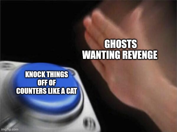Ghosts can be like cats, too | GHOSTS WANTING REVENGE; KNOCK THINGS OFF OF COUNTERS LIKE A CAT | image tagged in memes,blank nut button | made w/ Imgflip meme maker
