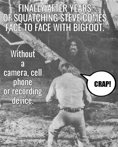 Bigfoot no evidence | FINALLY AFTER YEARS OF SQUATCHING STEVE COMES FACE TO FACE WITH BIGFOOT. Without a camera, cell phone or recording device. CRAP! | image tagged in bigfoot | made w/ Imgflip meme maker