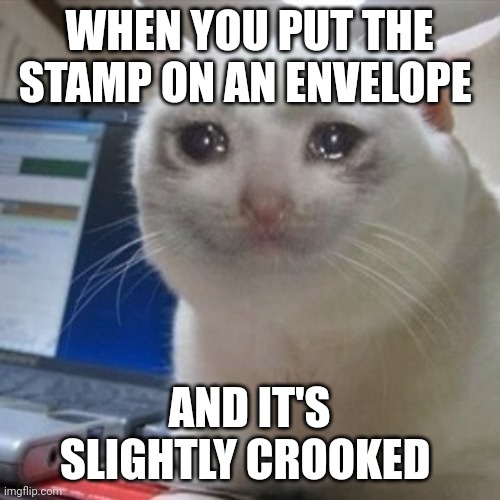 Slightly crooked postage stamp, oh the humanity | WHEN YOU PUT THE STAMP ON AN ENVELOPE; AND IT'S SLIGHTLY CROOKED | image tagged in crying cat | made w/ Imgflip meme maker
