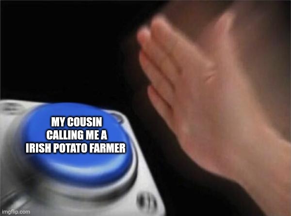 Blank Nut Button Meme | MY COUSIN CALLING ME A IRISH POTATO FARMER | image tagged in memes,blank nut button | made w/ Imgflip meme maker
