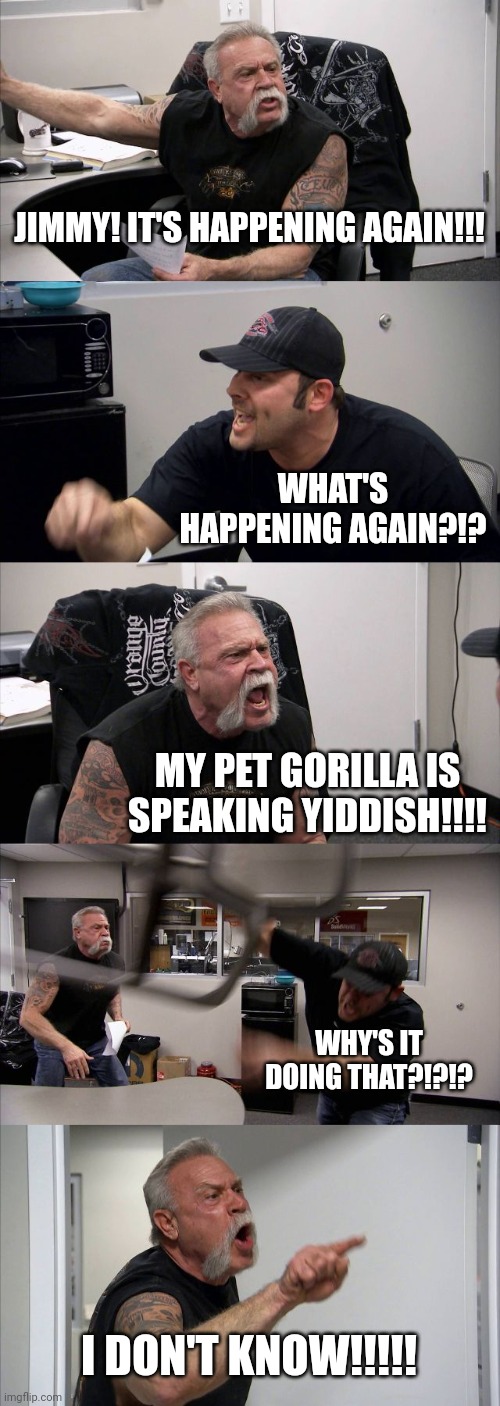Yiddish speaking gorilla | JIMMY! IT'S HAPPENING AGAIN!!! WHAT'S HAPPENING AGAIN?!? MY PET GORILLA IS SPEAKING YIDDISH!!!! WHY'S IT DOING THAT?!?!? I DON'T KNOW!!!!! | image tagged in memes,american chopper argument | made w/ Imgflip meme maker