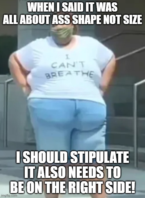 Buttock placement | WHEN I SAID IT WAS ALL ABOUT ASS SHAPE NOT SIZE; I SHOULD STIPULATE IT ALSO NEEDS TO BE ON THE RIGHT SIDE! | image tagged in memes | made w/ Imgflip meme maker