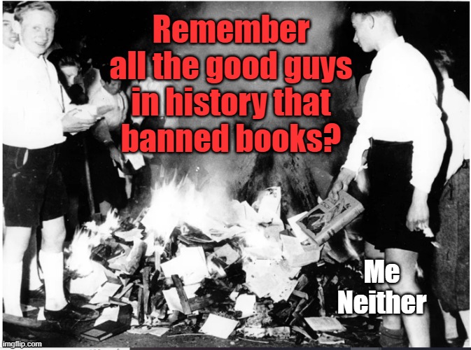 The good guys in history who ... | Remember
all the good guys
in history that
banned books? Me
Neither | image tagged in book bans,history,think about it | made w/ Imgflip meme maker