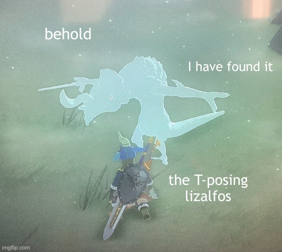I FOUND IT | behold; I have found it; the T-posing lizalfos | image tagged in the legend of zelda breath of the wild,glitch,lizalfos | made w/ Imgflip meme maker