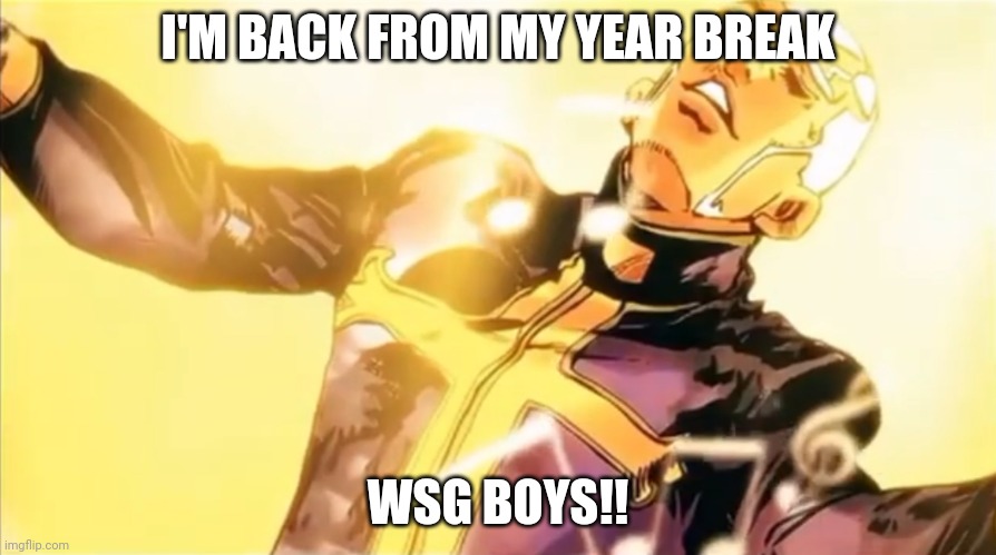 YEAHHHH | I'M BACK FROM MY YEAR BREAK; WSG BOYS!! | image tagged in pucci s holy ascension | made w/ Imgflip meme maker