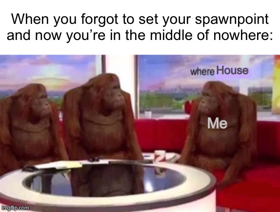 Fr fr | When you forgot to set your spawnpoint and now you’re in the middle of nowhere:; House; Me | image tagged in where banana blank | made w/ Imgflip meme maker