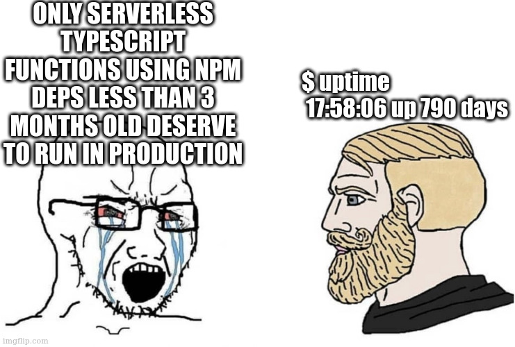 the cloud is a computer on top of my fridge | ONLY SERVERLESS TYPESCRIPT FUNCTIONS USING NPM DEPS LESS THAN 3 MONTHS OLD DESERVE TO RUN IN PRODUCTION; $ uptime
 17:58:06 up 790 days | image tagged in crying wojak vs chad,linux,javascript,cloud | made w/ Imgflip meme maker