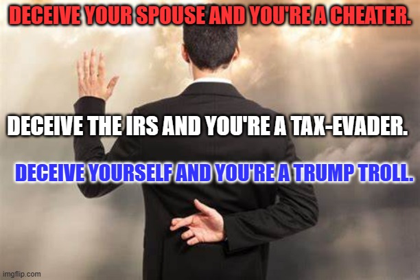 Just keep swallowing those "Intellectual Placebos," they hand you. | DECEIVE YOUR SPOUSE AND YOU'RE A CHEATER. DECEIVE THE IRS AND YOU'RE A TAX-EVADER. DECEIVE YOURSELF AND YOU'RE A TRUMP TROLL. | image tagged in politics | made w/ Imgflip meme maker