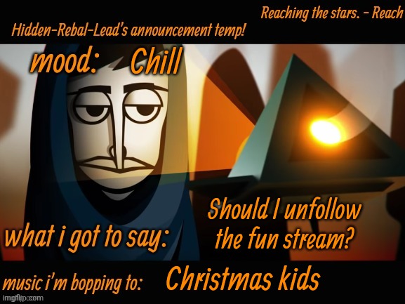 Just thinking | Chill; Should I unfollow the fun stream? Christmas kids | image tagged in hidden-rebal-leads announcement temp,memes,funny,sammy | made w/ Imgflip meme maker