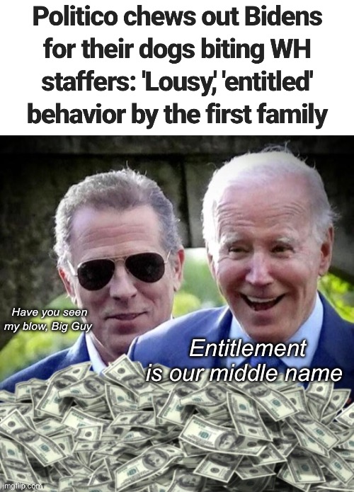 Even their dog sucks | Entitlement is our middle name; Have you seen my blow, Big Guy | image tagged in hunter biden and cash,politics lol,memes | made w/ Imgflip meme maker