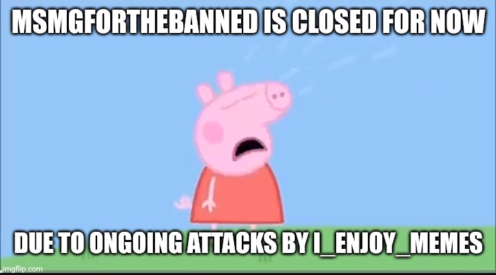 /srs | MSMGFORTHEBANNED IS CLOSED FOR NOW; DUE TO ONGOING ATTACKS BY I_ENJOY_MEMES | image tagged in peppa pig cryne | made w/ Imgflip meme maker