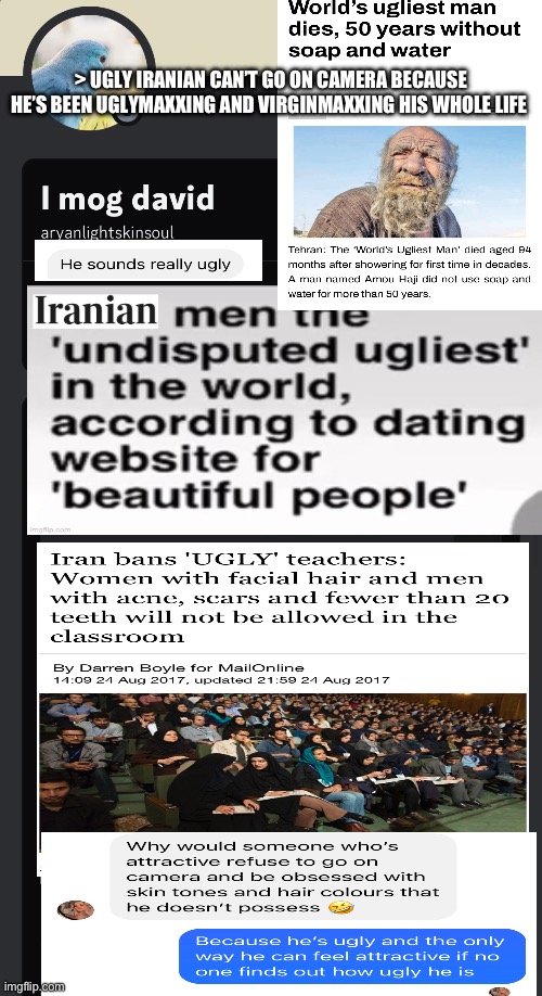 aryanlightskinsoul/valdiscbannedmefornoreason Ugly Unattractive Virgin on E-dgy discord server | > UGLY IRANIAN CAN’T GO ON CAMERA BECAUSE HE’S BEEN UGLYMAXXING AND VIRGINMAXXING HIS WHOLE LIFE | image tagged in ugly,iran,persian,ugly guy,virgin,loser | made w/ Imgflip meme maker