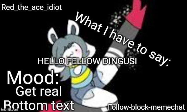 Hello chat! | HELLO FELLOW DINGUSI; Get real

Bottom text | image tagged in redstonetemie announcement temp v2,damn,she,thicc,/j,i'm ace | made w/ Imgflip meme maker