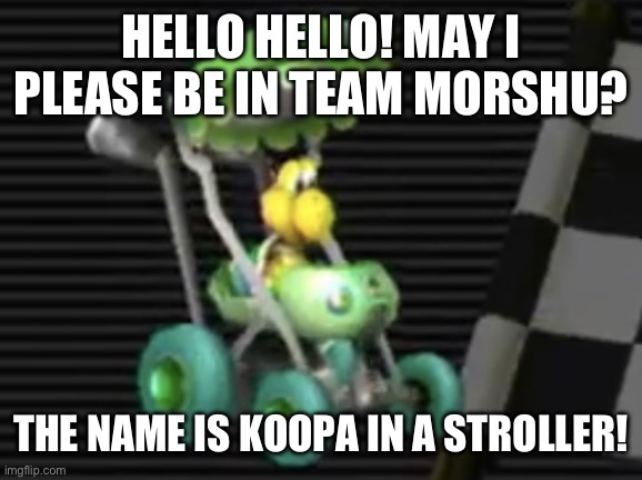 Also please keep him in the stroller, thank you! (Idk how to make green screens/blue screens sadly so yeah :,c) | HELLO HELLO! MAY I PLEASE BE IN TEAM MORSHU? THE NAME IS KOOPA IN A STROLLER! | image tagged in koopa in a stroller | made w/ Imgflip meme maker