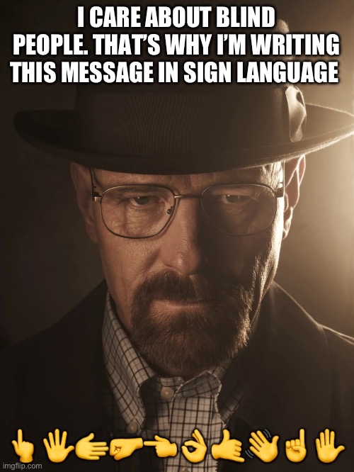 walter white | I CARE ABOUT BLIND PEOPLE. THAT’S WHY I’M WRITING THIS MESSAGE IN SIGN LANGUAGE; 👆🖐️🫱🤛👈👌🤙👋☝️✋ | image tagged in walter white | made w/ Imgflip meme maker