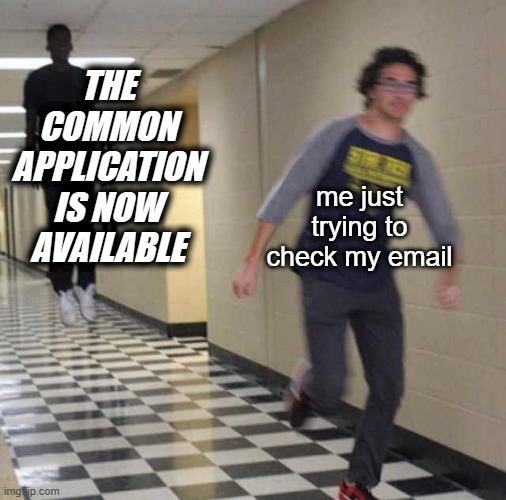 please, college emails, have mercy | THE COMMON APPLICATION IS NOW AVAILABLE; me just trying to check my email | image tagged in floating boy chasing running boy,college,funny,school,college humor,memes | made w/ Imgflip meme maker