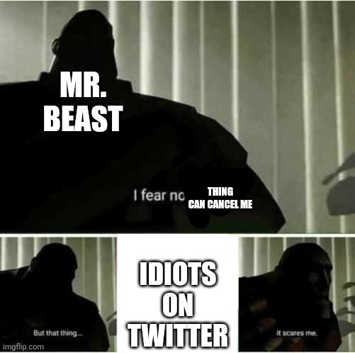 They have the worst reasons. | MR. BEAST; THING CAN CANCEL ME; IDIOTS ON TWITTER | image tagged in i fear no man | made w/ Imgflip meme maker