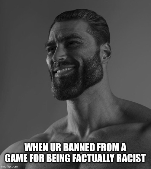 Giga | WHEN UR BANNED FROM A GAME FOR BEING FACTUALLY RACIST | image tagged in gigachad | made w/ Imgflip meme maker