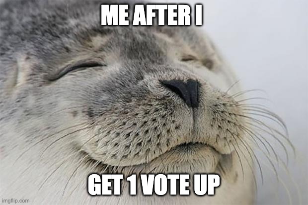 :( | ME AFTER I; GET 1 VOTE UP | image tagged in memes,satisfied seal,bad luck brian | made w/ Imgflip meme maker
