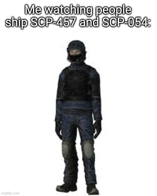 the he | Me watching people ship SCP-457 and SCP-054: | image tagged in the he | made w/ Imgflip meme maker