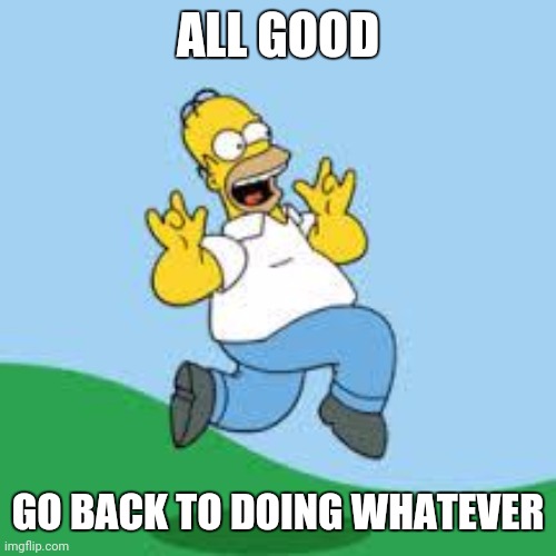 Happy! | ALL GOOD; GO BACK TO DOING WHATEVER | image tagged in hooray homer | made w/ Imgflip meme maker