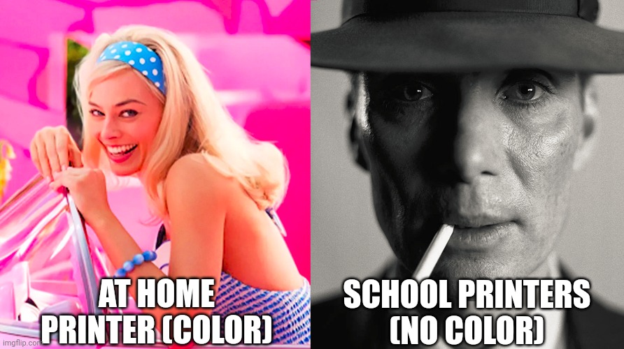 School printers have no color | AT HOME PRINTER (COLOR); SCHOOL PRINTERS (NO COLOR) | image tagged in barbie vs oppenheimer | made w/ Imgflip meme maker