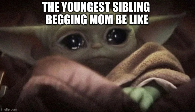 Honestly though | THE YOUNGEST SIBLING 
BEGGING MOM BE LIKE | image tagged in crying baby yoda,cute,funny,meme,relatable memes,hilarious | made w/ Imgflip meme maker