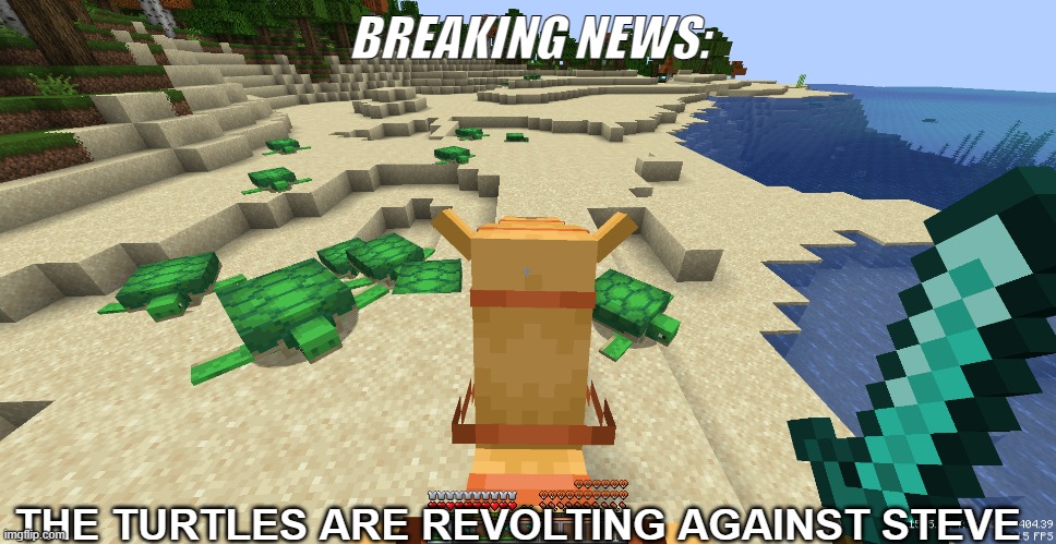 uh oh | BREAKING NEWS:; THE TURTLES ARE REVOLTING AGAINST STEVE | image tagged in minecraft | made w/ Imgflip meme maker