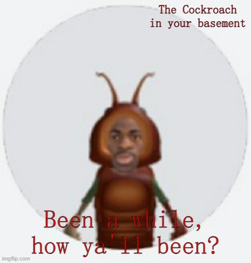 Hiiiii!!!!!!! | The Cockroach in your basement; Been a while, how ya'll been? | image tagged in lil naz roach-x announcement temp | made w/ Imgflip meme maker