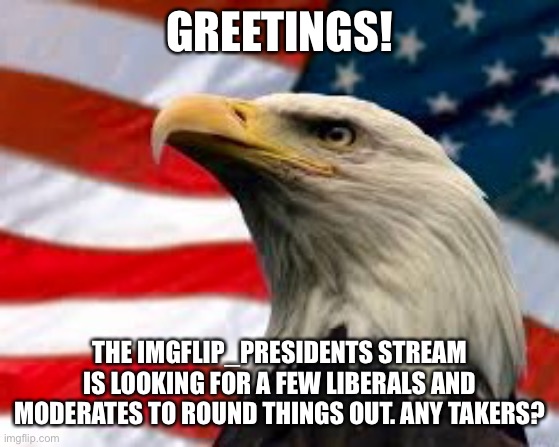 Might be unrelated, thought I’d try. Link in comments. | GREETINGS! THE IMGFLIP_PRESIDENTS STREAM IS LOOKING FOR A FEW LIBERALS AND MODERATES TO ROUND THINGS OUT. ANY TAKERS? | image tagged in murica patriotic eagle,political meme,advertising | made w/ Imgflip meme maker