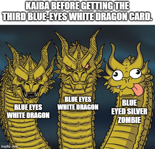 Probably something Kaiba had to deal with. | KAIBA BEFORE GETTING THE THIRD BLUE-EYES WHITE DRAGON CARD. BLUE EYES WHITE DRAGON; BLUE EYED SILVER ZOMBIE; BLUE EYES WHITE DRAGON | image tagged in three-headed dragon,yugioh | made w/ Imgflip meme maker