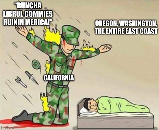 Soldier protecting sleeping child | “BUNCHA LIBRUL COMMIES RUININ MERICA!”; OREGON, WASHINGTON, THE ENTIRE EAST COAST; CALIFORNIA | image tagged in soldier protecting sleeping child | made w/ Imgflip meme maker