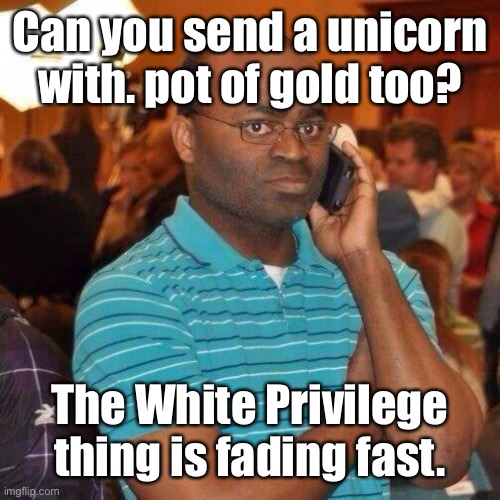 Black guy on phone | Can you send a unicorn with. pot of gold too? The White Privilege thing is fading fast. | image tagged in black guy on phone | made w/ Imgflip meme maker