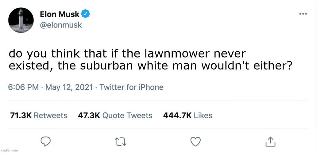 Elon Crusk | do you think that if the lawnmower never existed, the suburban white man wouldn't either? | image tagged in elon musk blank tweet | made w/ Imgflip meme maker