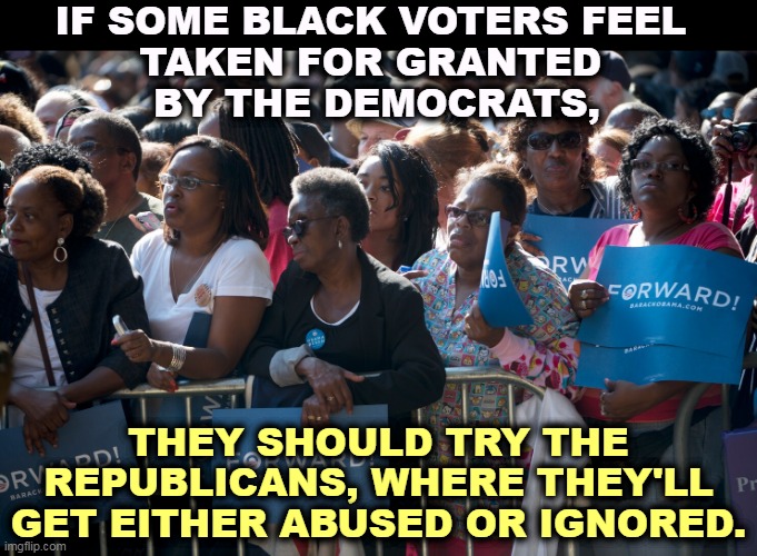 IF SOME BLACK VOTERS FEEL 
TAKEN FOR GRANTED 
BY THE DEMOCRATS, THEY SHOULD TRY THE REPUBLICANS, WHERE THEY'LL GET EITHER ABUSED OR IGNORED. | image tagged in black,voters,democrats,republicans,choice | made w/ Imgflip meme maker